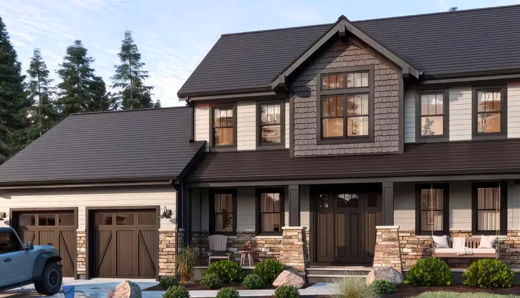 GAF TimberSteel metal shingle roof in Dark Bronze installed on modern craftsman home in New Jersey