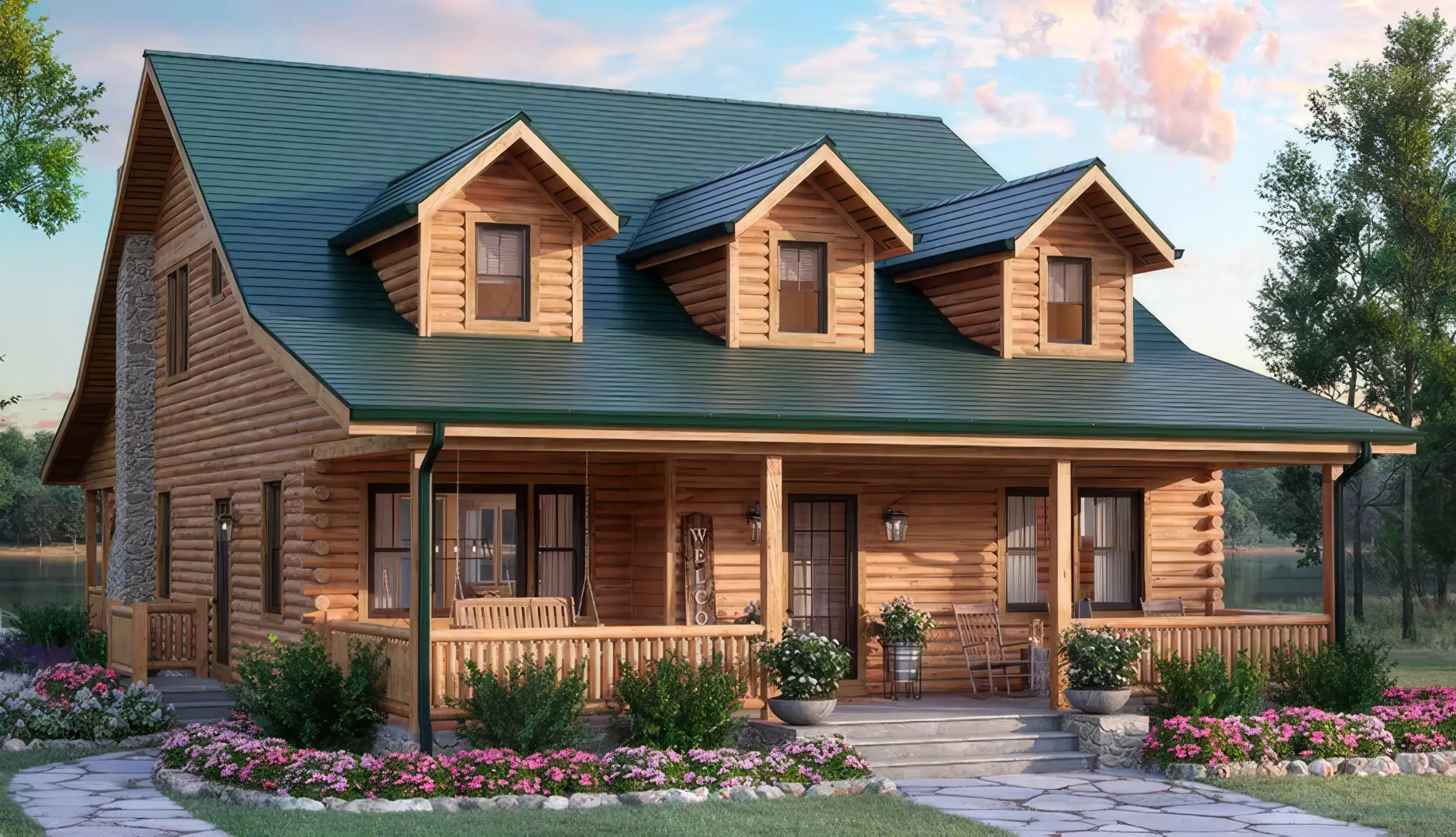 GAF TimberSteel metal roofing in Evergreen color installed on rustic log cabin home