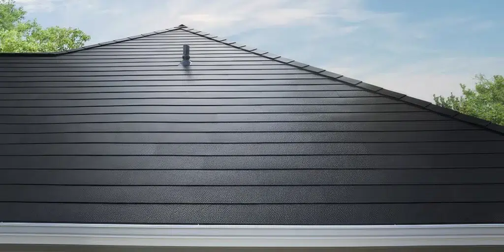 Close up of GAF TimberSteel interlocking metal shingles showing textured steel roofing surface