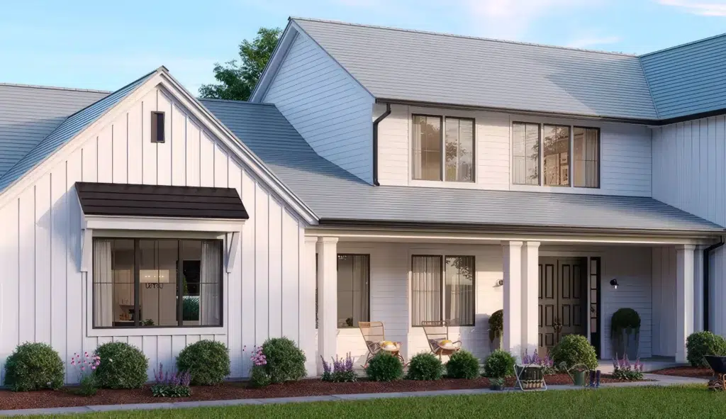 GAF TimberSteel metal roof in Platinum Gray on modern farmhouse style home