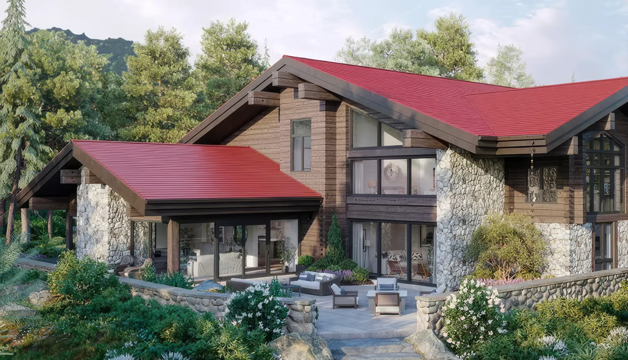 GAF TimberSteel metal roofing in Rustic Red installed on contemporary mountain style home