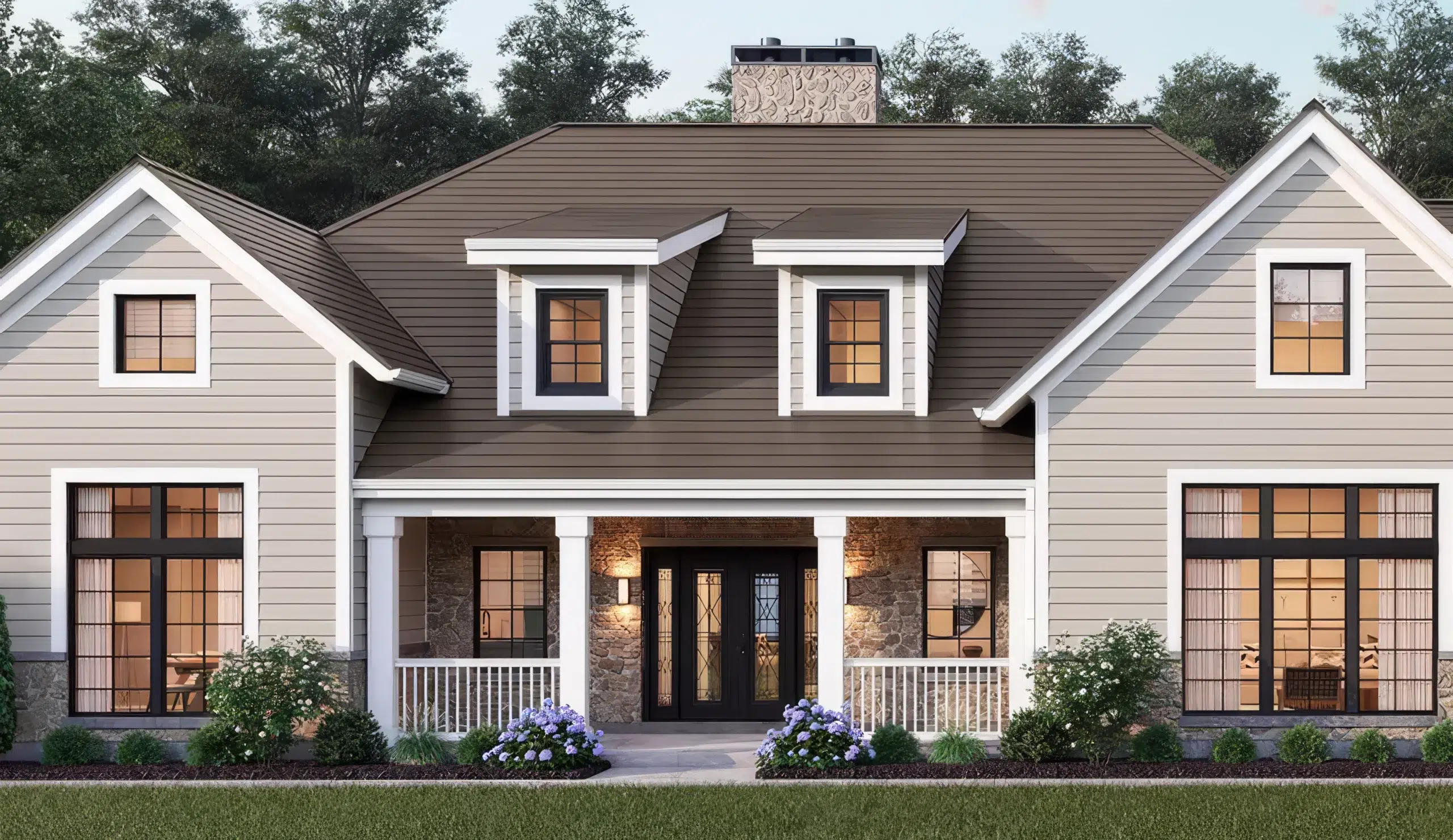 GAF TimberSteel Terra Bronze metal shingle roof on traditional suburban home